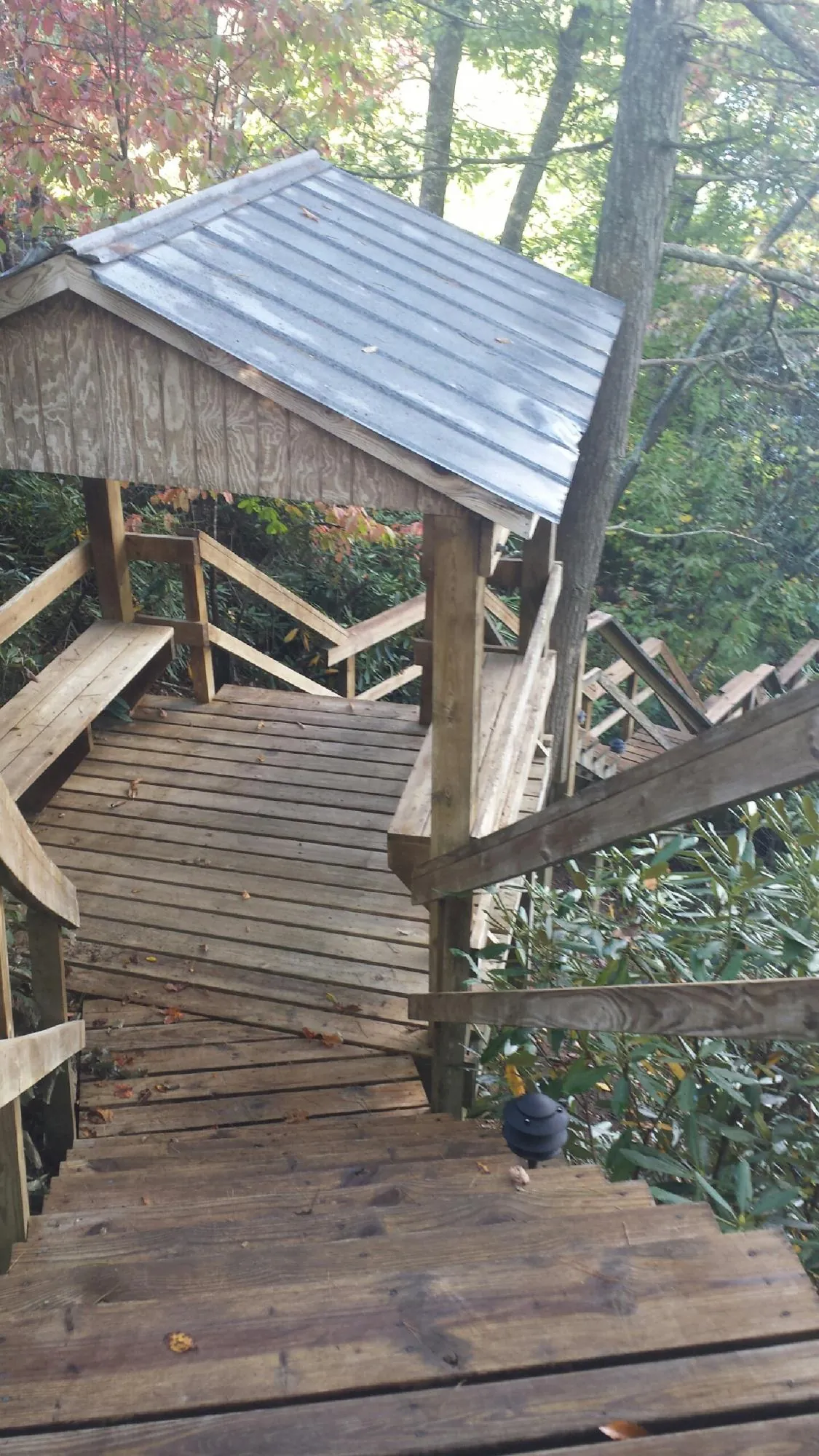 Metal roofed shelter over wooden steps on a wooded walkway — Skylight Repair & Installation work by our crew in Mill Spring